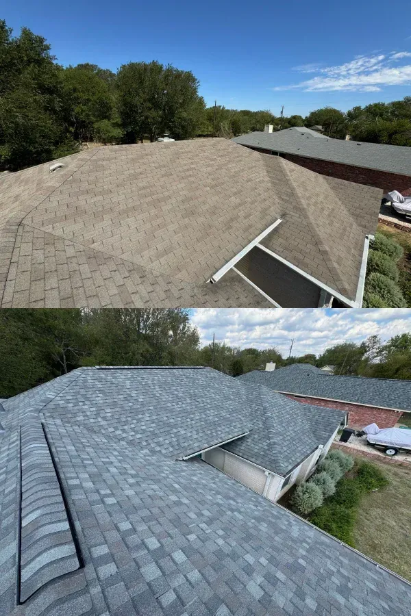 A before and after picture of a house 's roof.