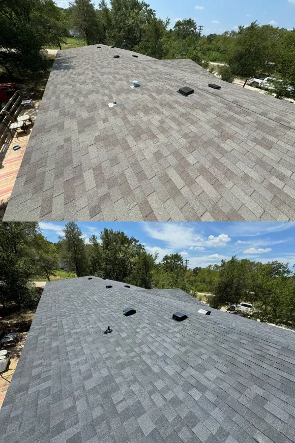 A before and after picture of a roof with shingles.
