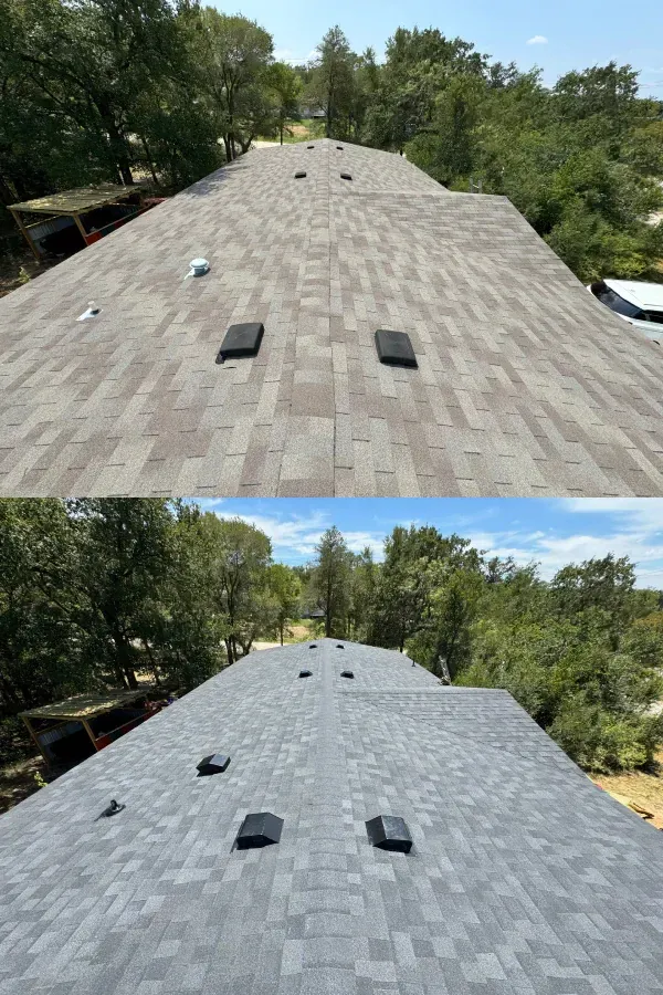 A before and after picture of a roof with trees in the background.