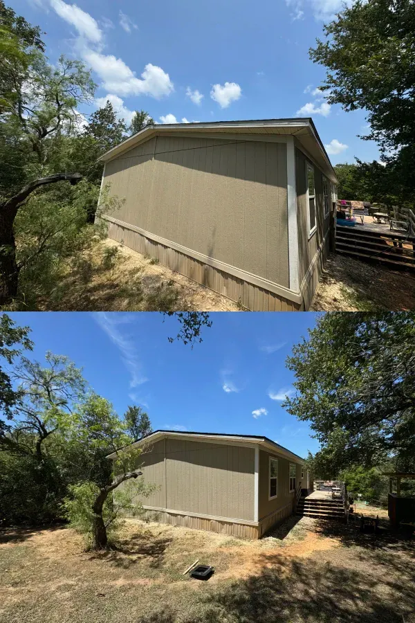 A before and after picture of a mobile home.