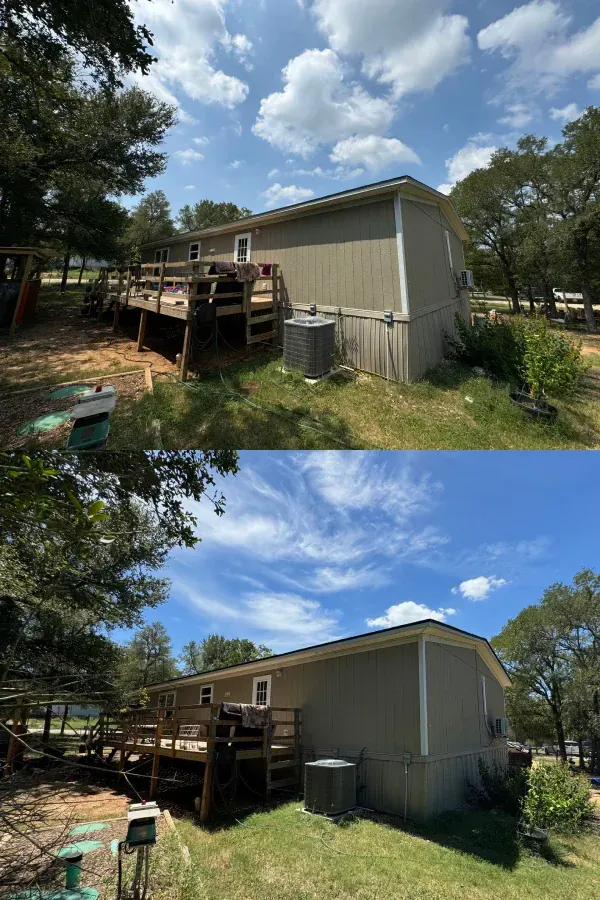 A before and after picture of a mobile home with a deck.