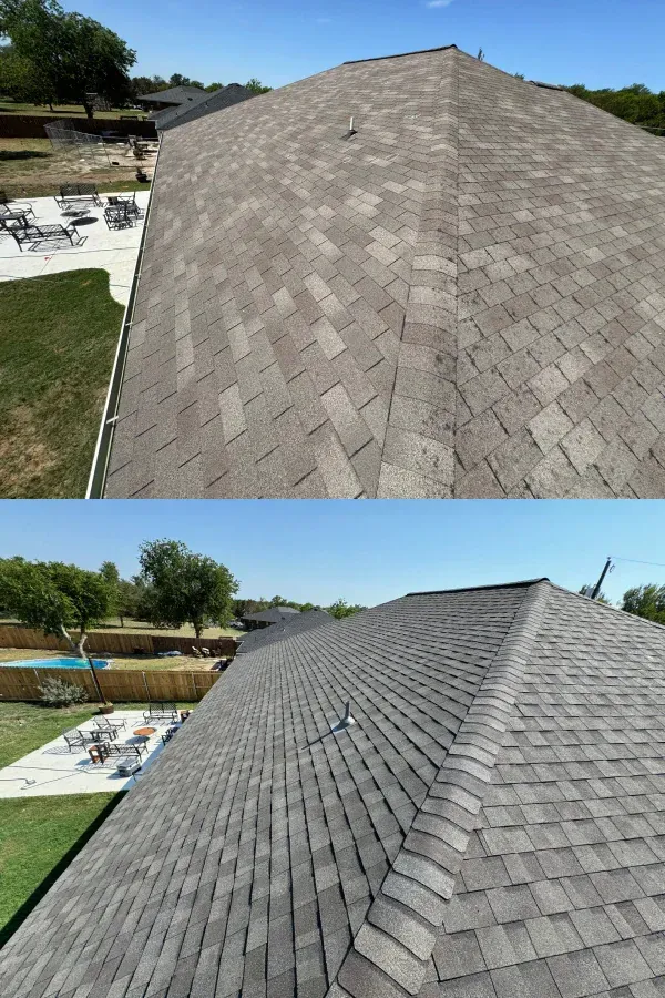 A before and after picture of a roof with a pool in the background.