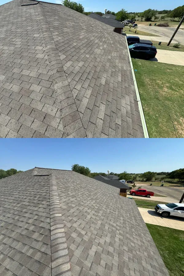 A before and after picture of a roof with cars parked in front of it.