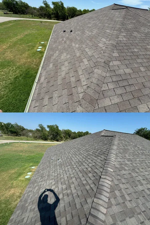 A before and after picture of a roof with a shadow of a person on it.