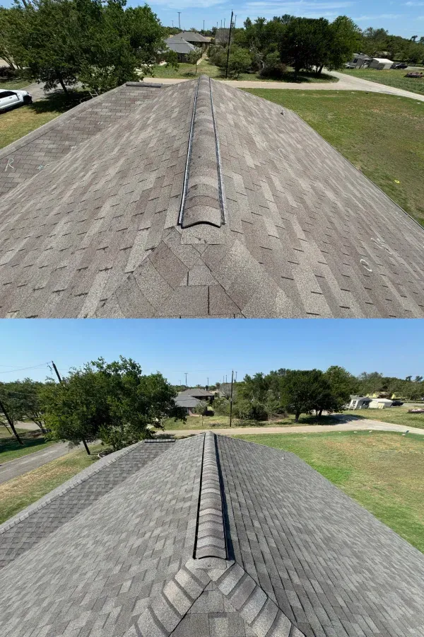 A before and after picture of a roof with a hole in it.