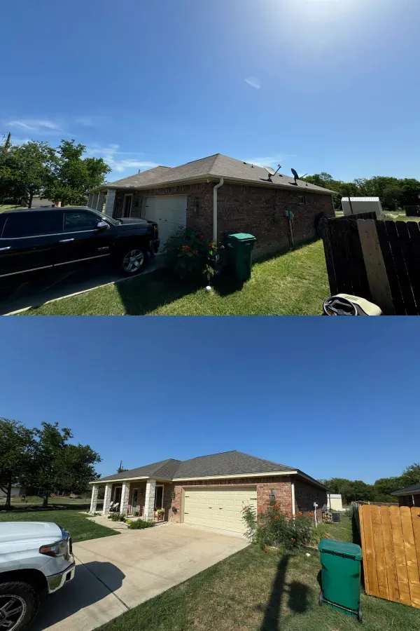 A before and after picture of a house with a car parked in front of it