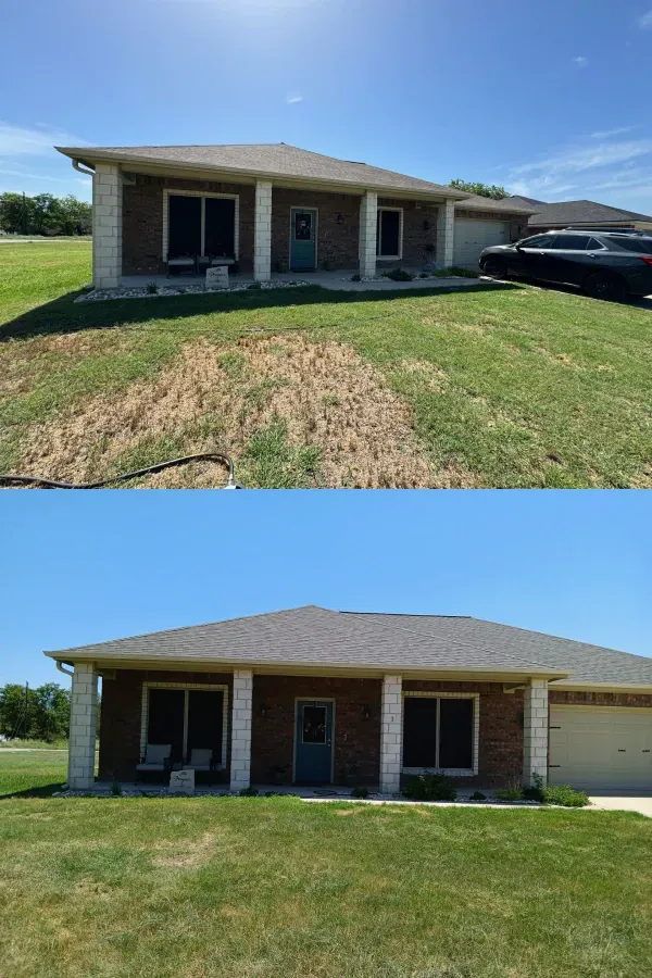 A before and after picture of a brick house with a roof.