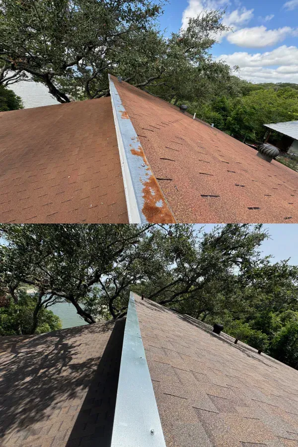 A before and after picture of a roof with trees in the background.
