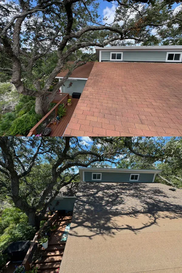 A before and after picture of a roof of a house.