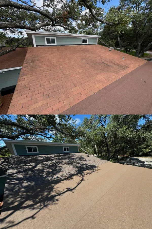 A before and after picture of a house 's roof.