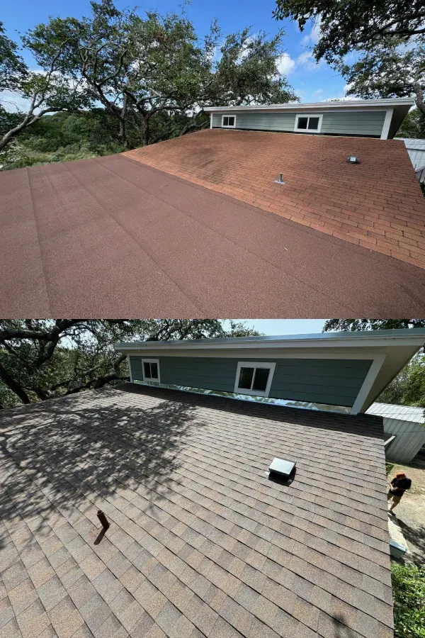 A before and after photo of a house 's roof.