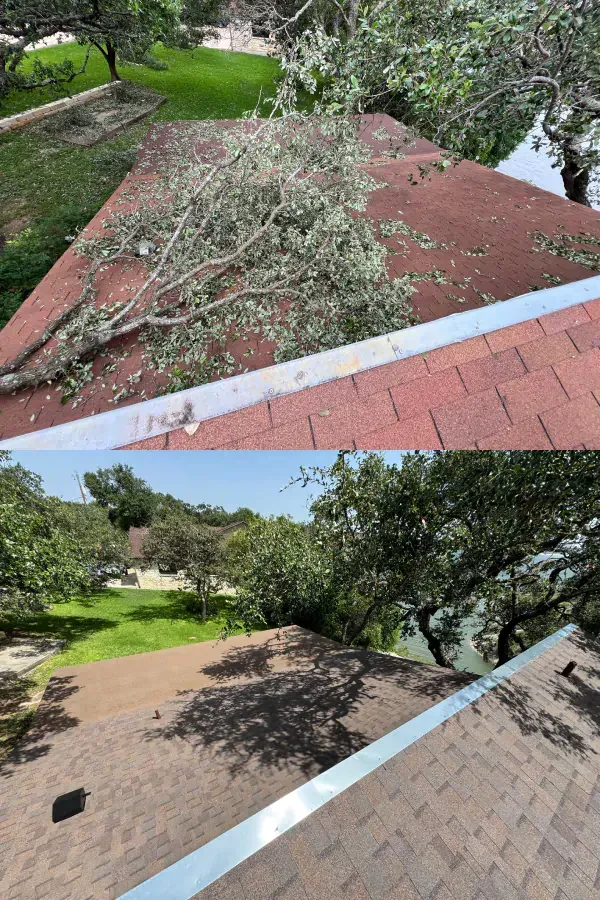 A before and after picture of a roof with a tree on it.