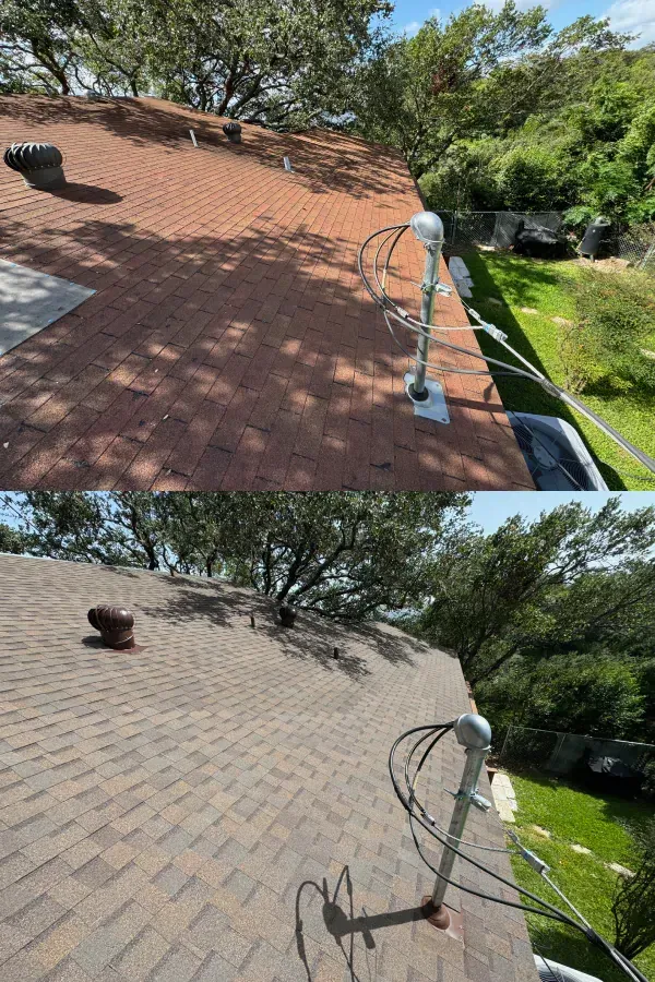 A before and after picture of a roof with trees in the background.