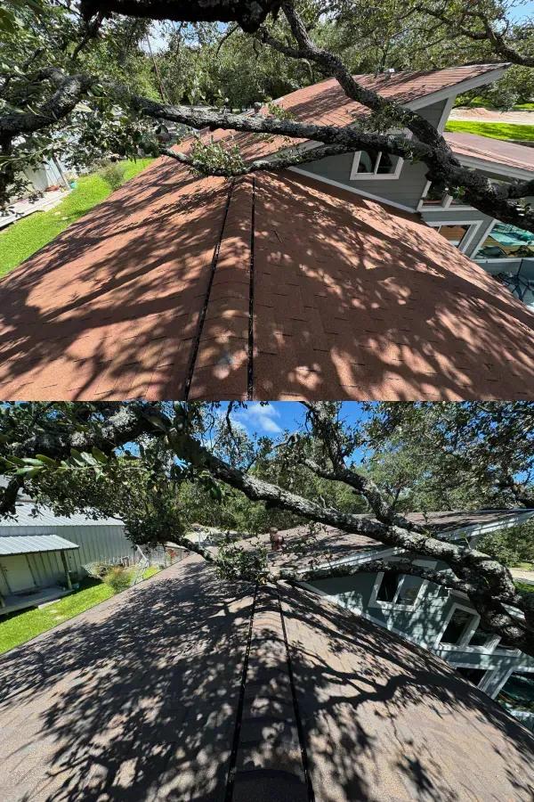 A before and after picture of a roof with a tree fallen on it.