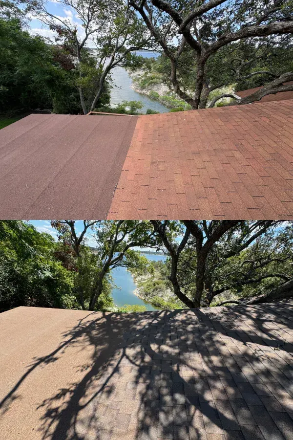 A before and after picture of a roof with a lake in the background.