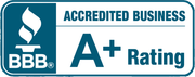 A blue and white sign that says accredited business a+ rating