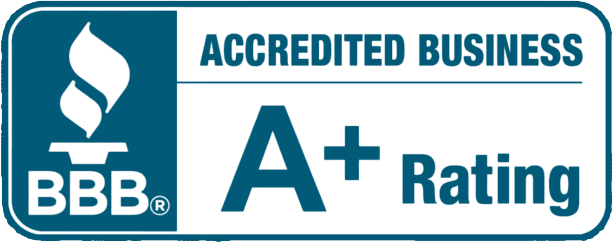 A blue and white sign that says accredited business a+ rating