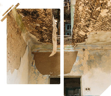 A picture of a building with peeling paint and a broken ceiling.