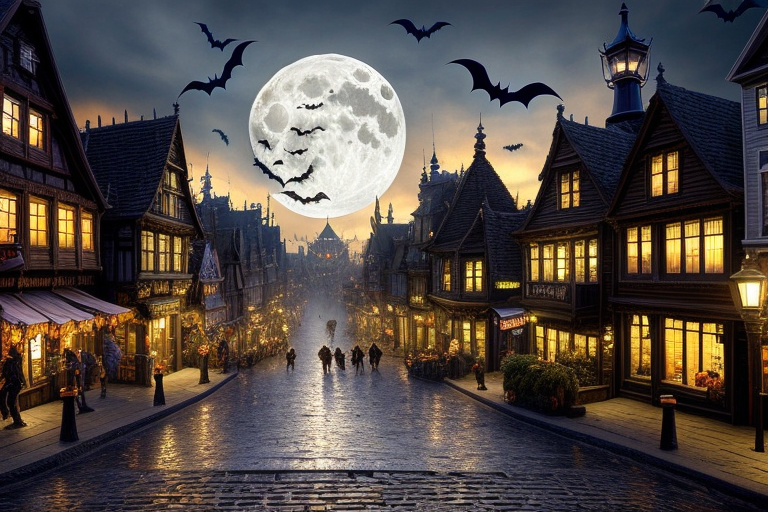 A city street at night with a full moon and bats