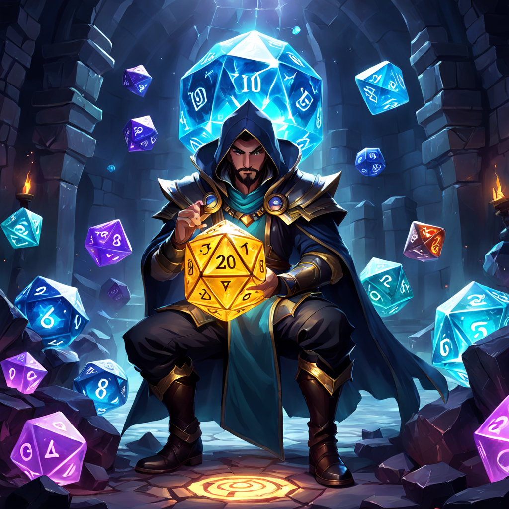 A man in a cape is holding a large dice in a cave surrounded by dice.