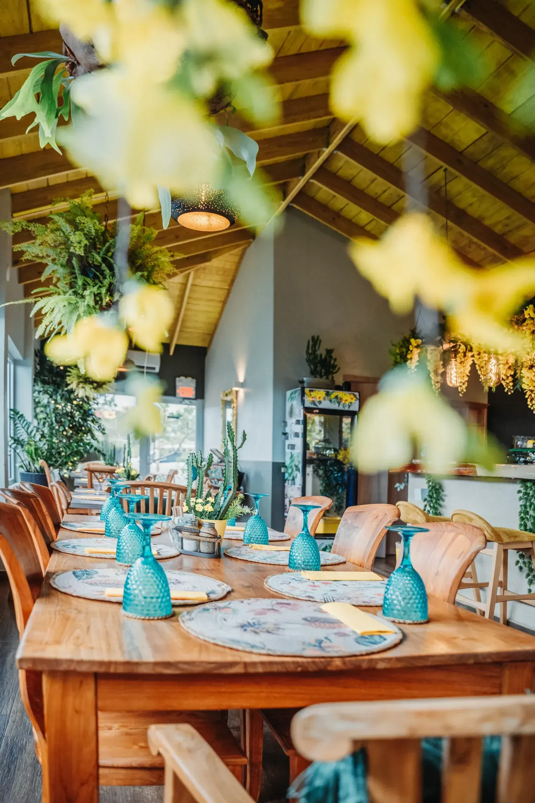 A restaurant with tables and chairs set up and flowers hanging from the ceiling.