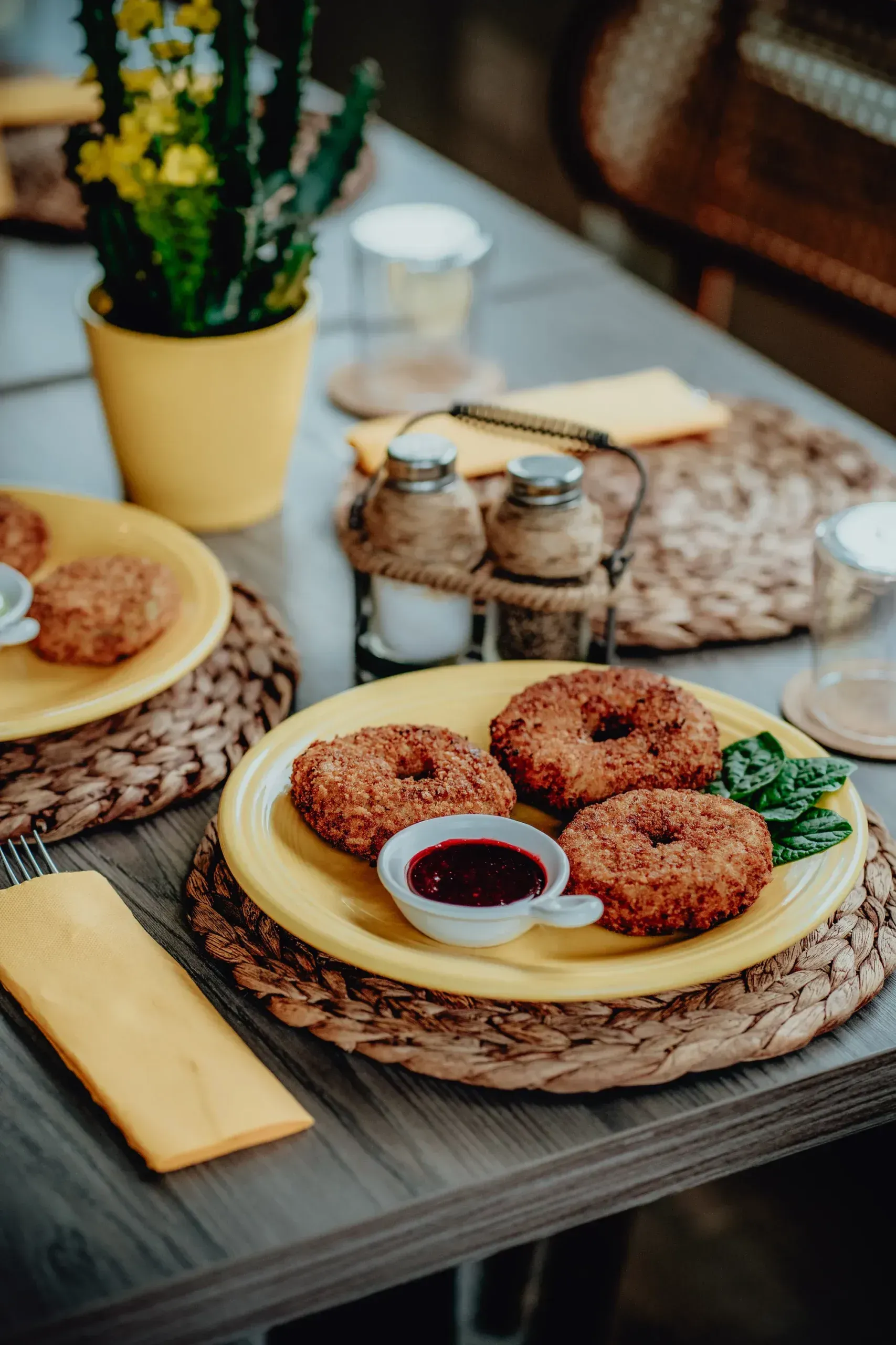 A close up of a plate of food on a table.