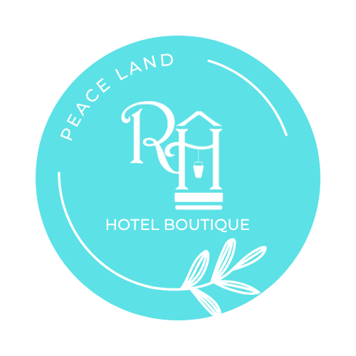 Turquoise circular hotel boutique logo with “Peace Land,” stylized RL monogram, and leaf accent