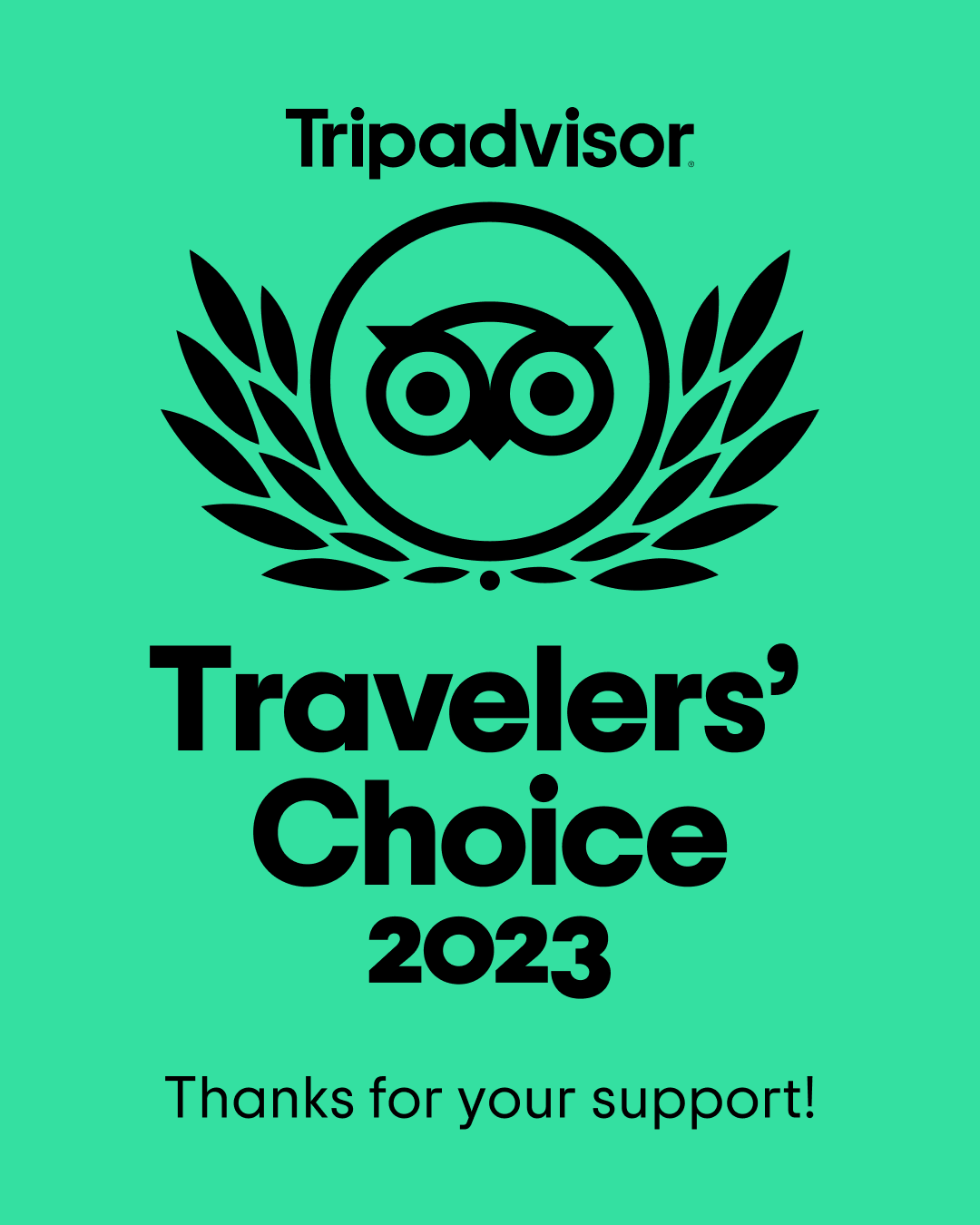 A green sign that says travelers choice 2023 thanks for your support.