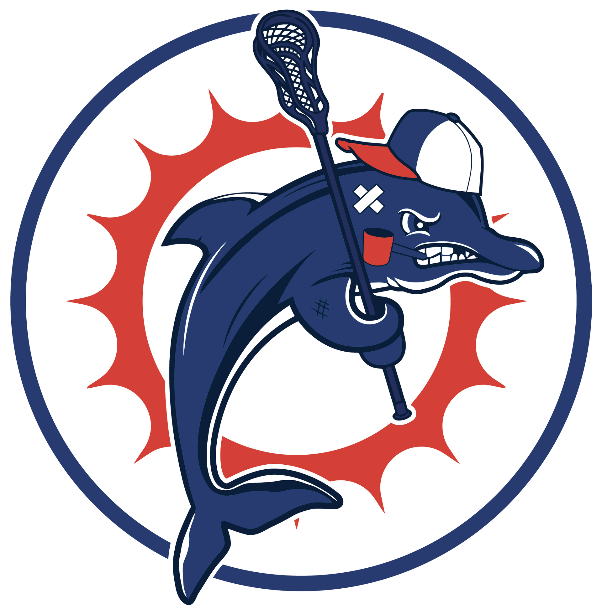 A dolphin is wearing a baseball cap and holding a lacrosse stick