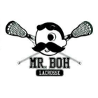 A logo for mr. boh lacrosse with a mustache and crossed lacrosse sticks.
