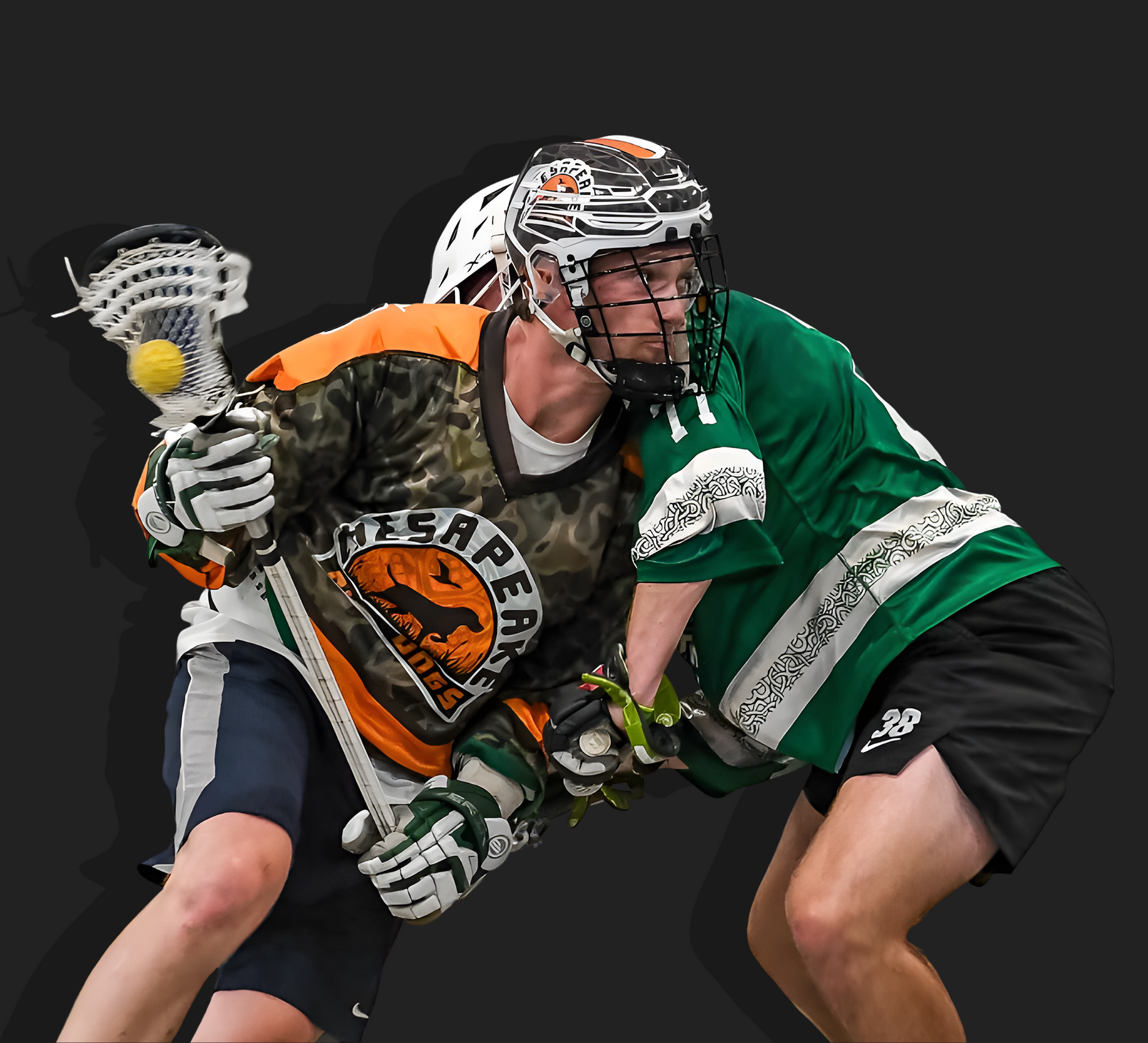 A man in a capital 11 lacrosse uniform is running with a lacrosse stick.