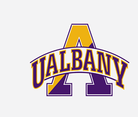 A purple and yellow logo for ualbany university