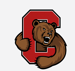 A brown bear is holding a red letter c with its mouth open