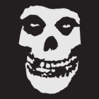 A black and white skull with a smile on a black background.