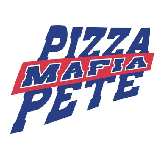A blue and red logo for pizza mafia pete