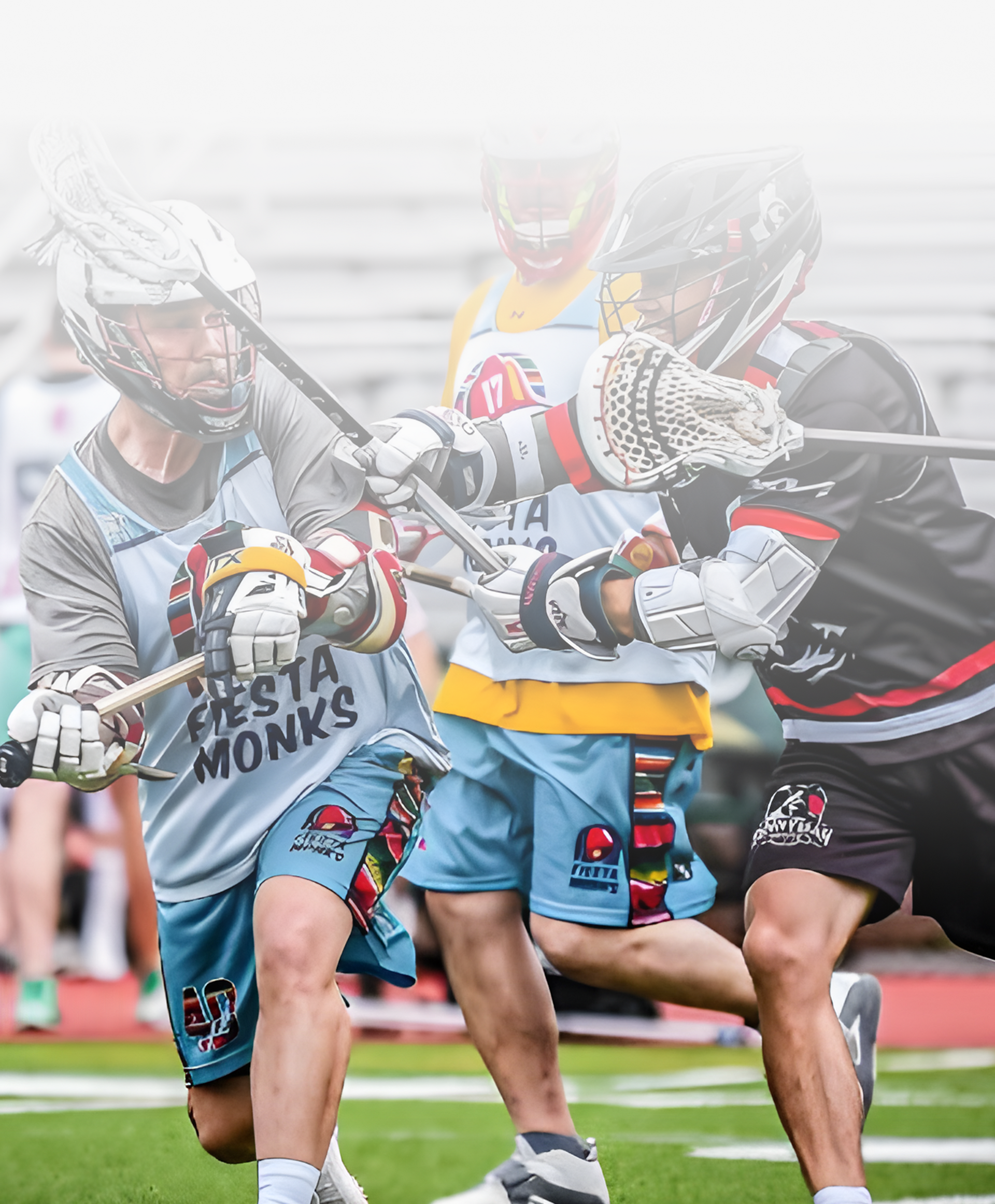 A man in a capital 11 lacrosse uniform is running with a lacrosse stick.