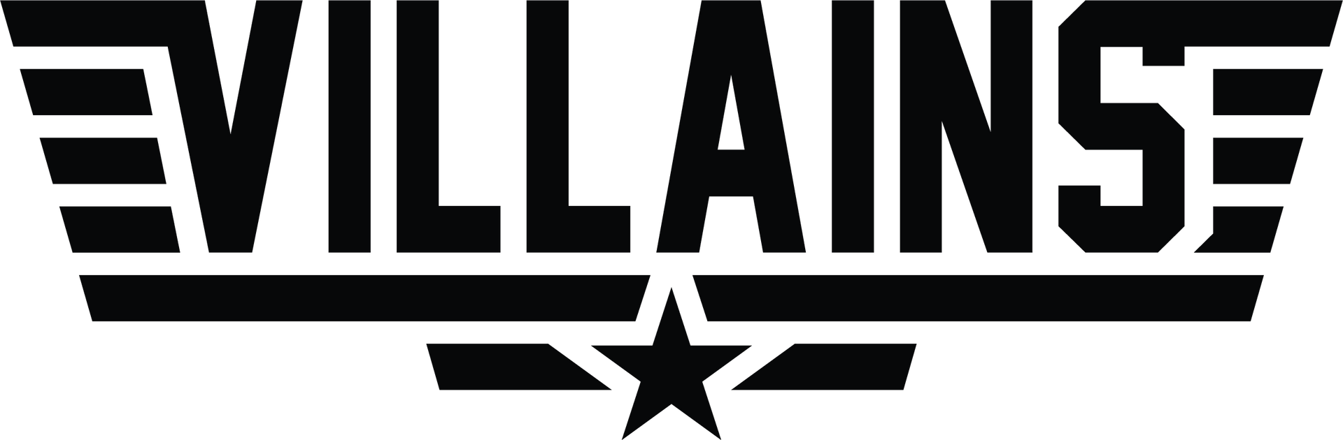 A black and white logo for villains with a star.