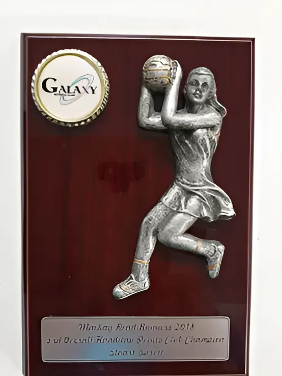A Plaque with a Statue of a Woman Holding a Basketball — Ace Wholesale Trophies & Engraving In Bowen, QLD