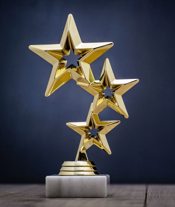 A Gold Star Trophy is Sitting on a Wooden Table — Ace Wholesale Trophies & Engraving In Proserpine, QLD