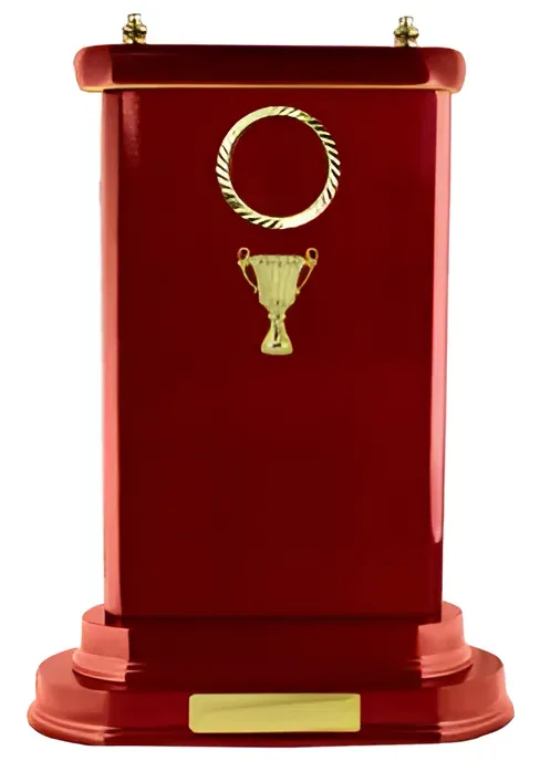 A Red Trophy with a Gold Circle and a Trophy on It — Ace Wholesale Trophies & Engraving In Bowen, QLD