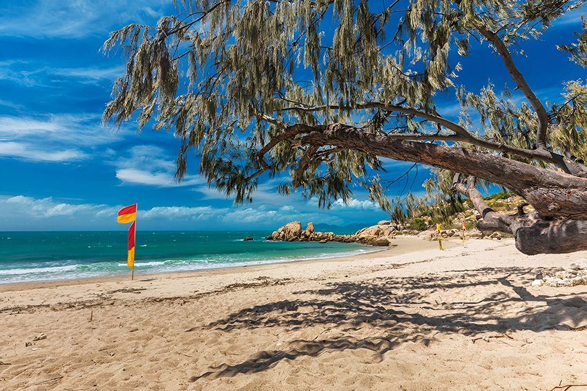 Beach with a Tree in the Foreground and a Lifeguard Flag in the Background — Ace Wholesale Trophies & Engraving In Bowen, QLD