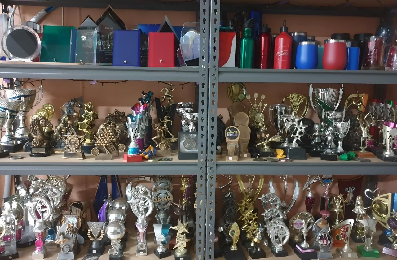 Shelves Full Of Trophies Including One That Says 'Champions' On It — Ace Wholesale Trophies & Engraving In Bakers Creek, QLD