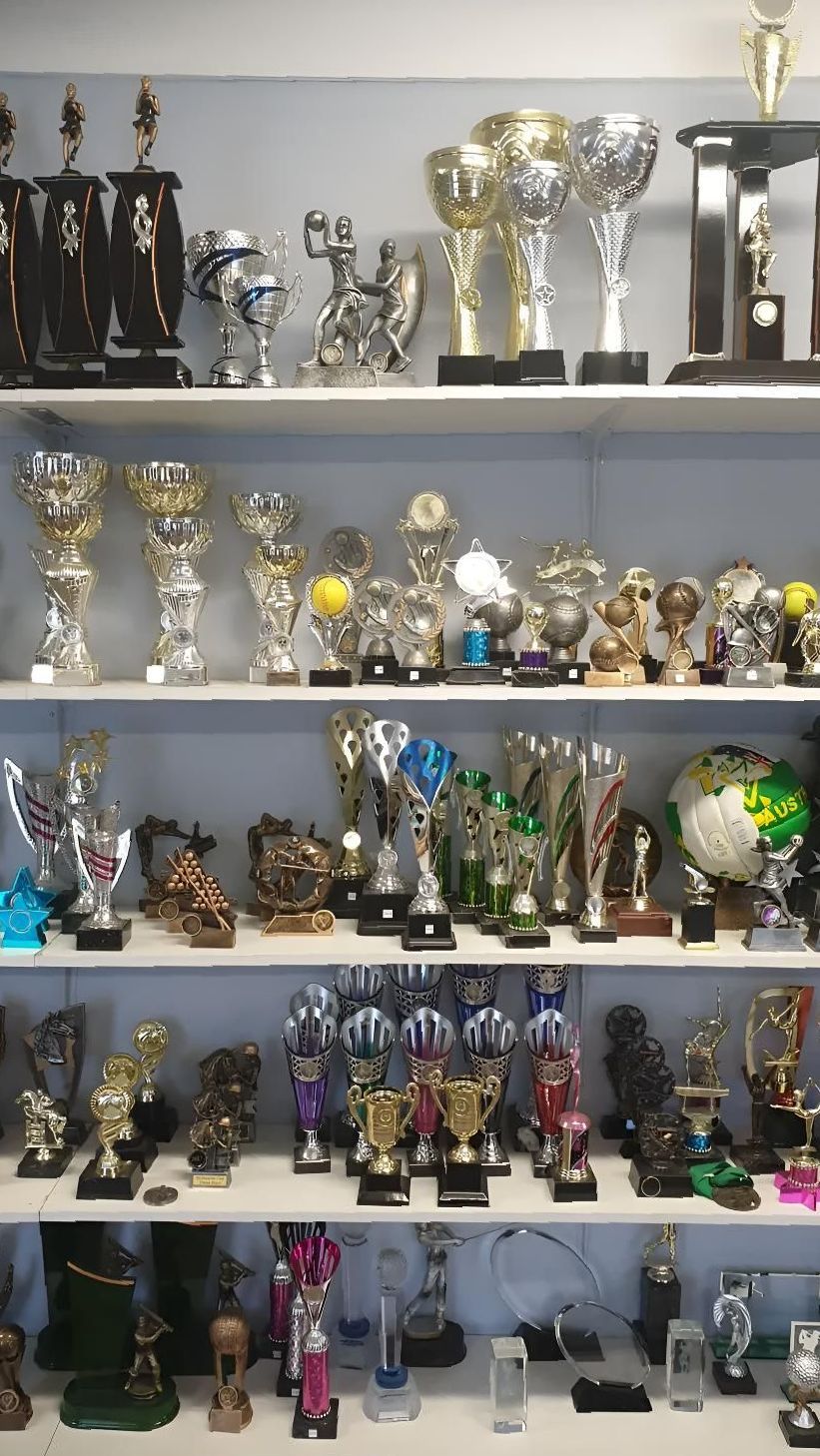 A Shelf Filled With Lots Of Trophies And Awards — Ace Wholesale Trophies & Engraving In Bakers Creek, QLD