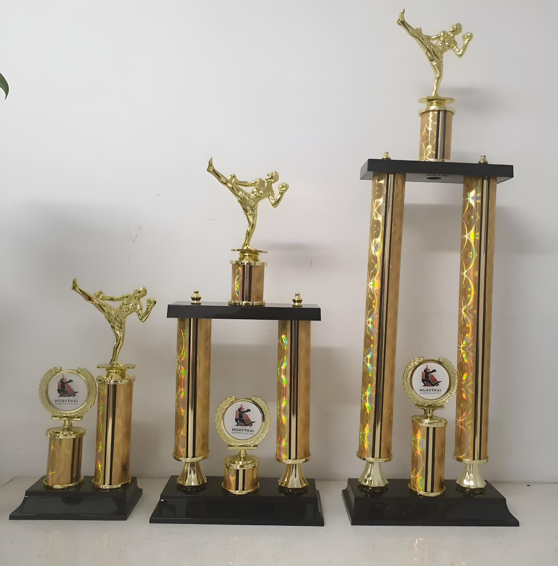 Three Gold Trophies Are Lined Up On A Table — Ace Wholesale Trophies & Engraving In Bakers Creek, QLD
