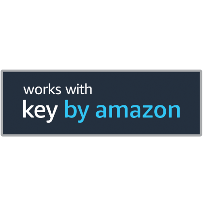 a button that says `` works with key by amazon '' on a white background .