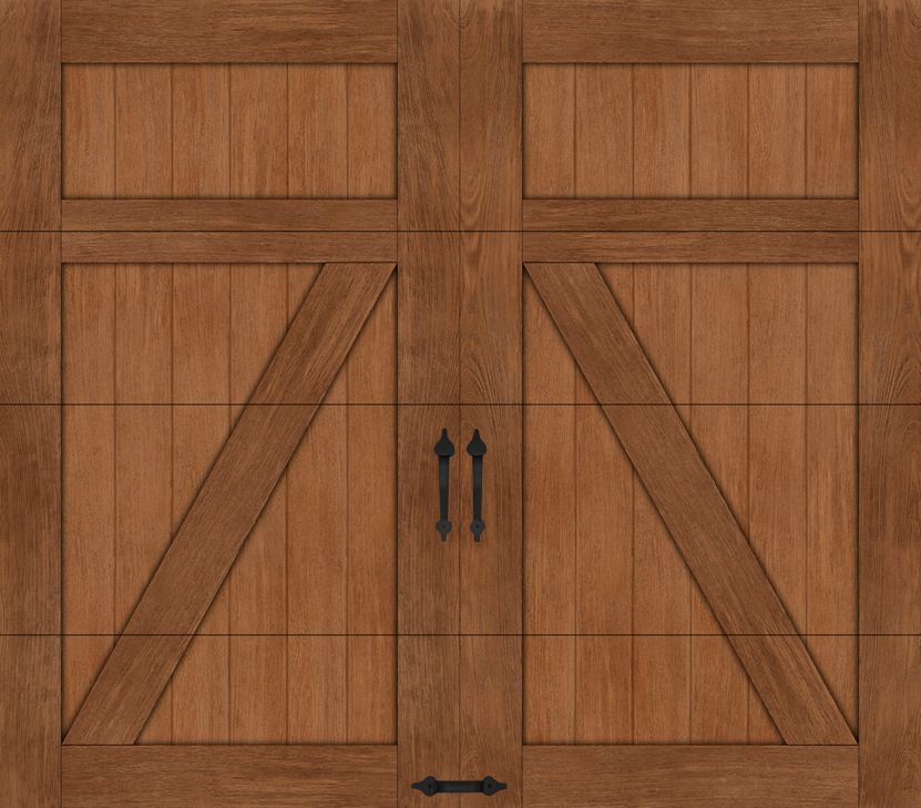 a close up of a wooden garage door with black handles .