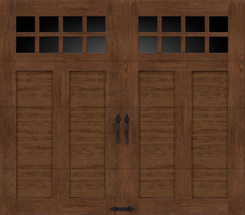 a close up of a wooden garage door with square windows .