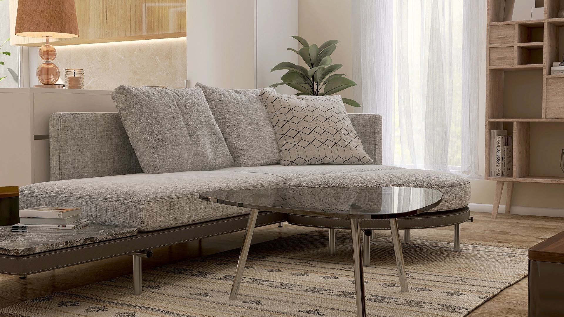 Accogliente soggiorno con divano grigio, tavolini in vetro e una tenda luminosa.