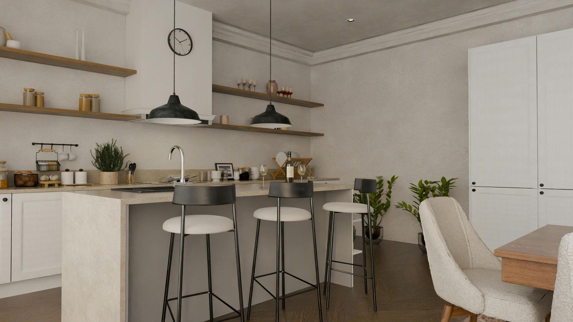 Cucina moderna con bancone per la colazione, scaffali a vista, mobili bianchi e lampade a sospensione.