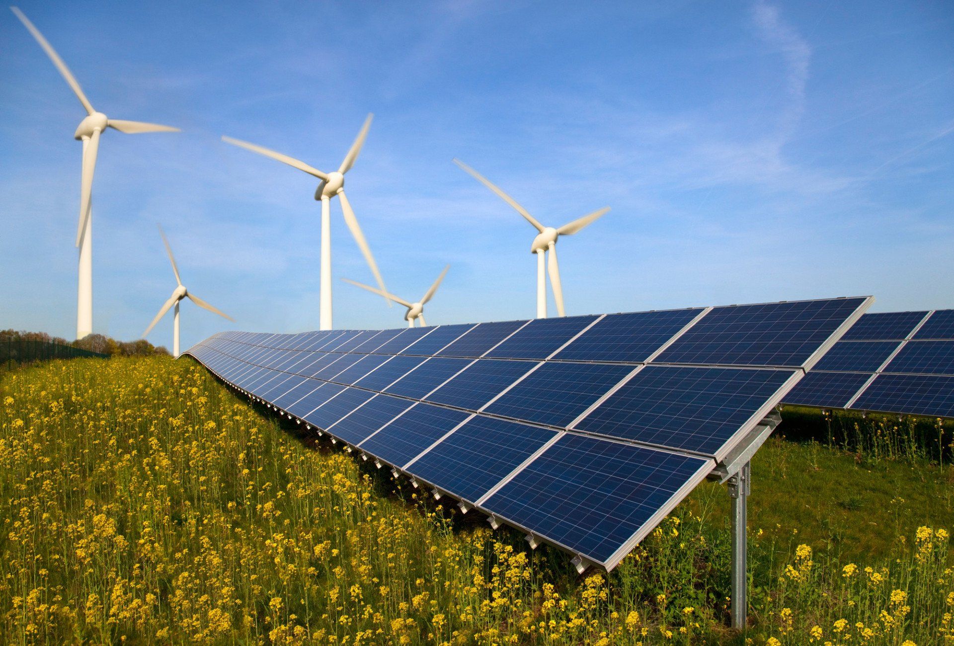 solar farm and wind turbines